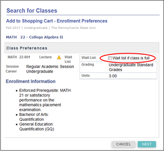 Screenshot of LionPATH Class Search Wait List option