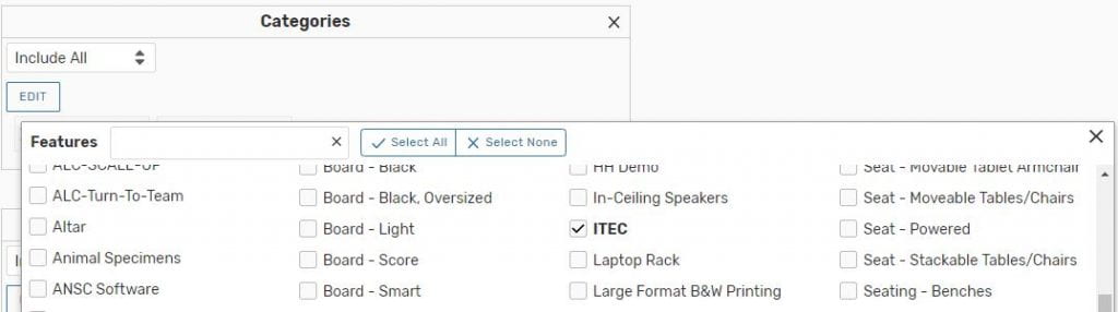 Screenshot of the Features option in the Categories box in 25Live Pro.