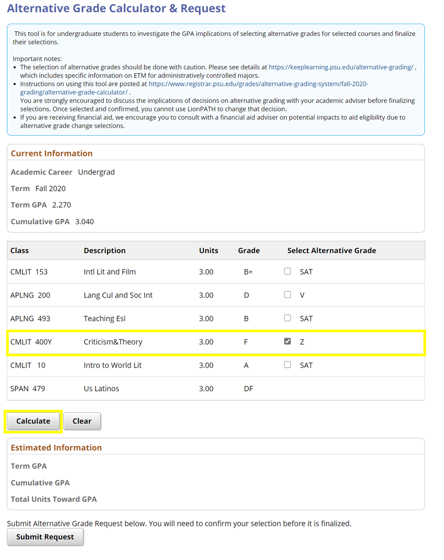 Screenshot highlighting how to test the effect of choosing alternative grades.