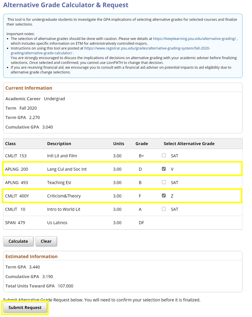 Screenshot showing how to submit alternative grade request in the Alternative Grade Calculator.